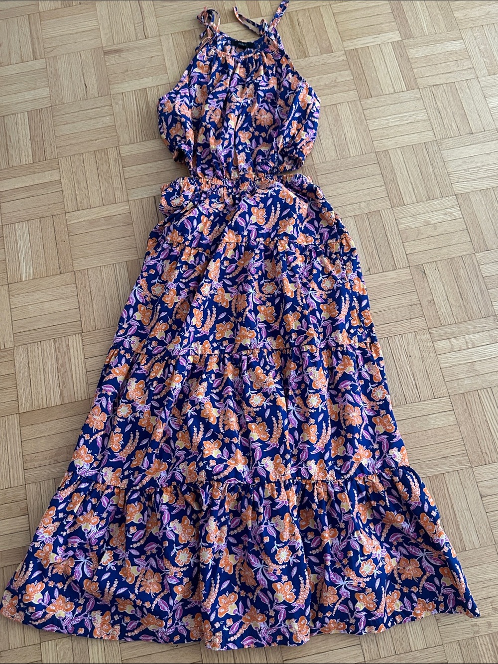 J. Crew Navy Floral Halter Maxi Dress with Orange Accents